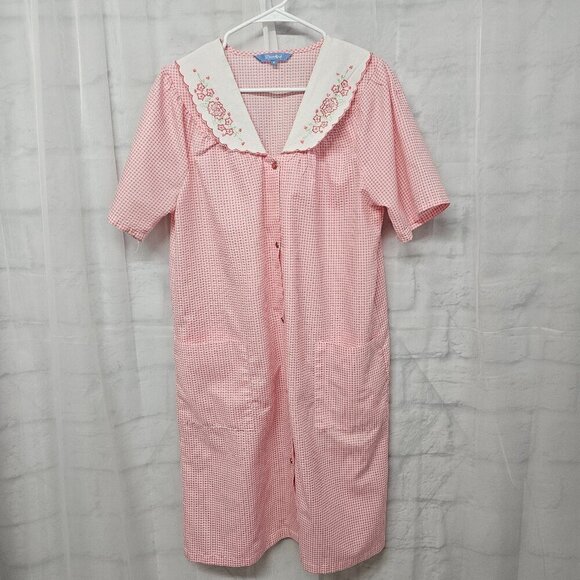 Dreamcrest Pink Gingham Pearl Snap House Dress Nightgown Lounge M - Picture 10 of 14